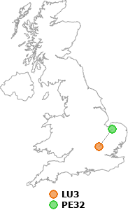 map showing distance between LU3 and PE32