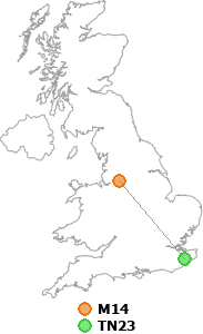 map showing distance between M14 and TN23