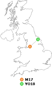 map showing distance between M17 and YO18