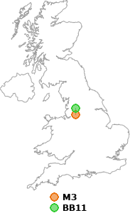 map showing distance between M3 and BB11