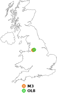 map showing distance between M3 and OL8