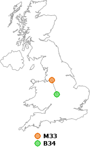 map showing distance between M33 and B34