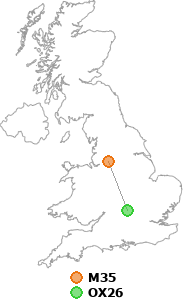 map showing distance between M35 and OX26