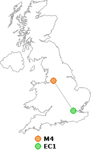 map showing distance between M4 and EC1