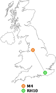 map showing distance between M4 and RH10