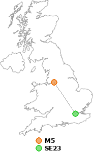 map showing distance between M5 and SE23