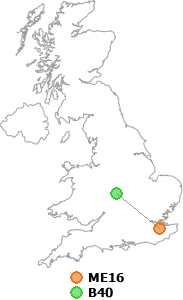 map showing distance between ME16 and B40