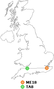 map showing distance between ME18 and TA8