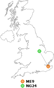 map showing distance between ME9 and NG24