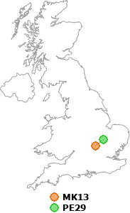 map showing distance between MK13 and PE29