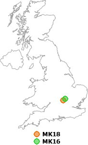 map showing distance between MK18 and MK16