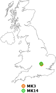 map showing distance between MK3 and MK14