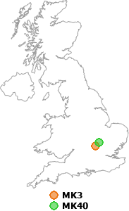 map showing distance between MK3 and MK40