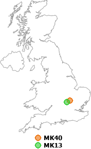 map showing distance between MK40 and MK13