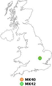 map showing distance between MK40 and MK42