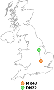 map showing distance between MK43 and DN22