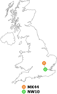 map showing distance between MK44 and NW10