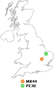 map showing distance between MK44 and PE30