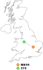 map showing distance between MK44 and TF9