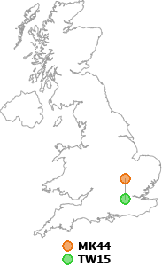 map showing distance between MK44 and TW15