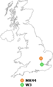 map showing distance between MK44 and W3