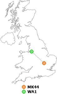 map showing distance between MK44 and WA1