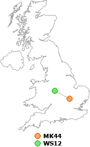 map showing distance between MK44 and WS12