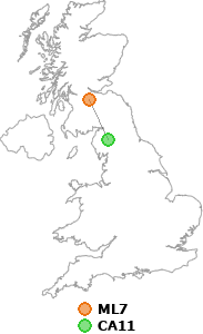 map showing distance between ML7 and CA11