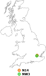 map showing distance between N14 and NW3