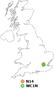 map showing distance between N14 and WC1N