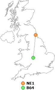 map showing distance between NE1 and B64