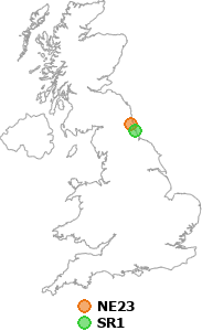 map showing distance between NE23 and SR1