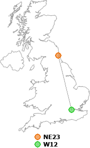 map showing distance between NE23 and W12