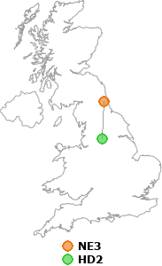 map showing distance between NE3 and HD2