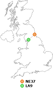 map showing distance between NE37 and LA9