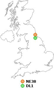 map showing distance between NE38 and DL1