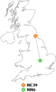 map showing distance between NE39 and NN6