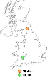 map showing distance between NE48 and CF10