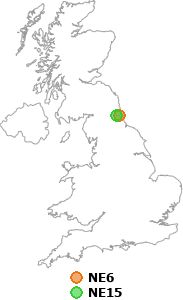 map showing distance between NE6 and NE15