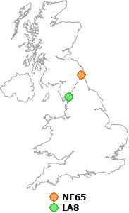 map showing distance between NE65 and LA8