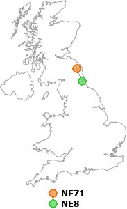 map showing distance between NE71 and NE8