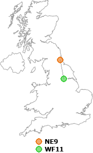 map showing distance between NE9 and WF11