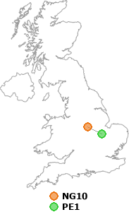 map showing distance between NG10 and PE1