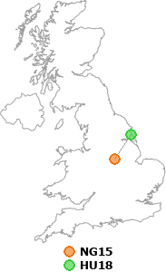 map showing distance between NG15 and HU18