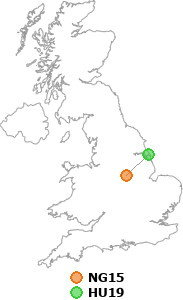 map showing distance between NG15 and HU19