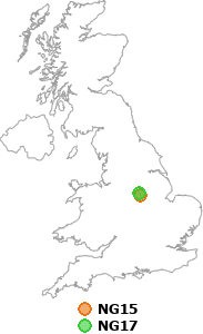 map showing distance between NG15 and NG17