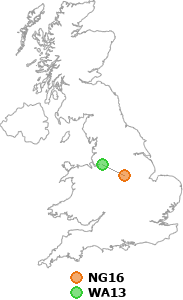 map showing distance between NG16 and WA13