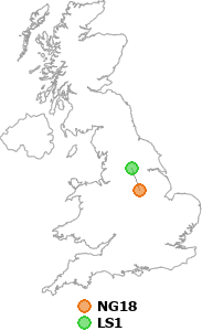 map showing distance between NG18 and LS1