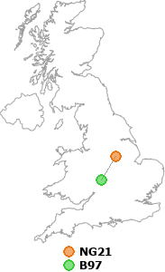 map showing distance between NG21 and B97