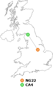 map showing distance between NG22 and CA4